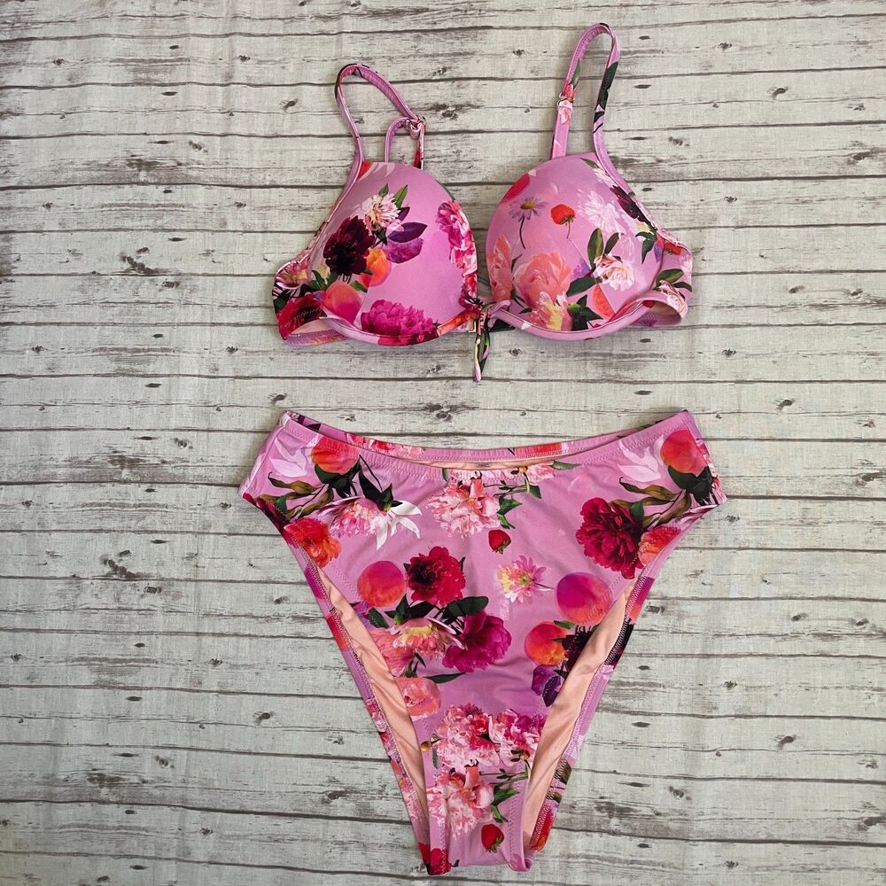 Victorias Secret Floral Bikini Swimsuit Set Padded Top 34D High Waisted Bottom L - Picture 1 of 11
